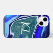 Mit Monogramm Blau und Weiß-Marmor-Fluid Art iPhone Hülle (Rückseite (Horizontal))