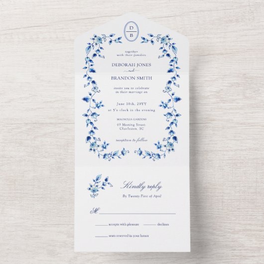 Mit Monogramm Blau-Weiß-Delft All In One Einladung (Innen Boden)