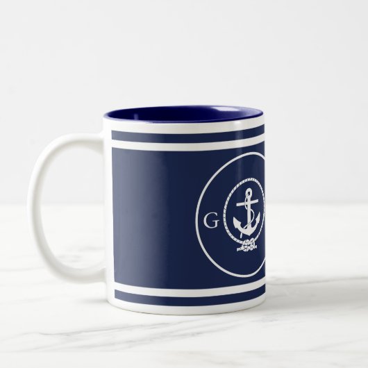 mit Monogramm blaue Ankerlinie der Nautischen See Zweifarbige Tasse (Links)