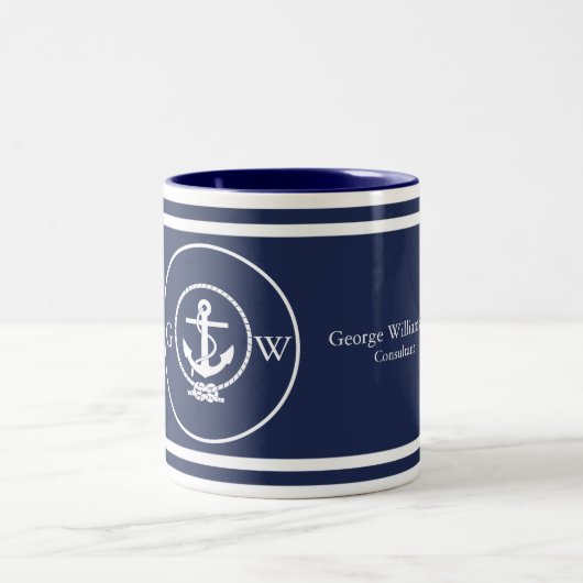 mit Monogramm blaue Ankerlinie der Nautischen See Zweifarbige Tasse (Mittel)