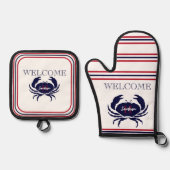 Mit Monogramm blaue blaue Krabbe Ofenhandschuh & Topflappen-Set (Vorderseite)