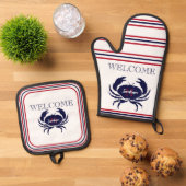 Mit Monogramm blaue blaue Krabbe Ofenhandschuh & Topflappen-Set (Oben Unten)