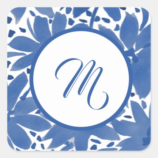Mit Monogramm blaue Blütenblume Quadratischer Aufkleber (Vorderseite)
