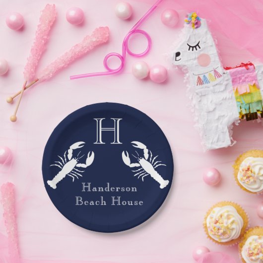 Mit Monogramm blaue Hummer-Nautikerin Pappteller (Party)
