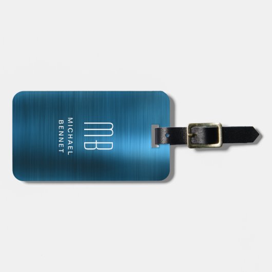 Mit Monogramm blaue Imitate Brushed Metal Gepäckanhänger (Vorderseite horizontal)