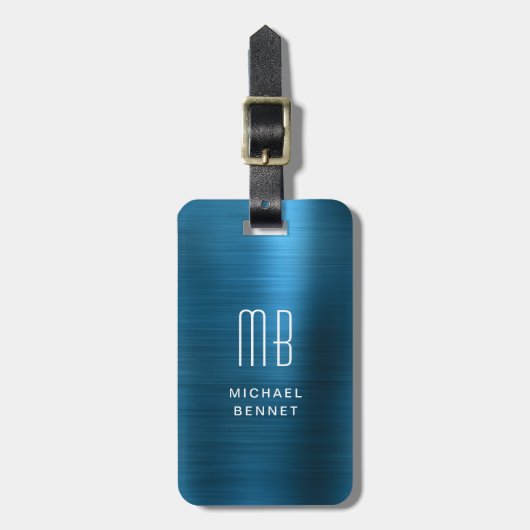 Mit Monogramm blaue Imitate Brushed Metal Gepäckanhänger (Vorderseite vertikal)
