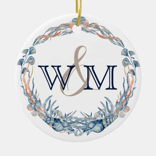 Mit Monogramm Blaue Mauve Muschel Keramik Ornament (Vorne)