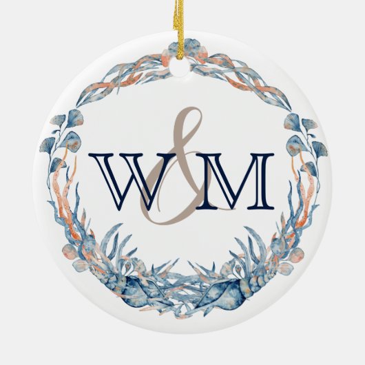 Mit Monogramm Blaue Mauve Muschel Keramik Ornament (Hinten)