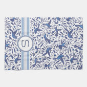 Mit Monogramm blaue Vögel Delfts u. Blatt-Muster Geschirrtuch (Horizontal)