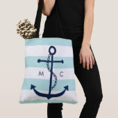 Mit Monogramm Blauer Anker auf Minzstreifen Tasche (Von Nahem)