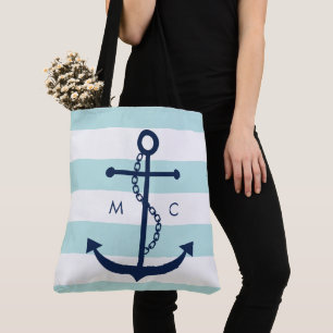 Mit Monogramm Blauer Anker auf Minzstreifen Tasche