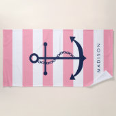 Mit Monogramm blauer Anker auf rosa Streifen Strandtuch (Vorderseite)