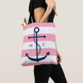 Mit Monogramm Blauer Anker auf rosa Streifen Tasche (Von Nahem)