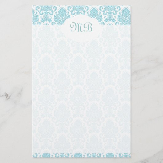 Mit Monogramm blauer Damast Briefpapier (Vorderseite)