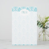 Mit Monogramm blauer Damast Briefpapier (Stehend Vorderseite)