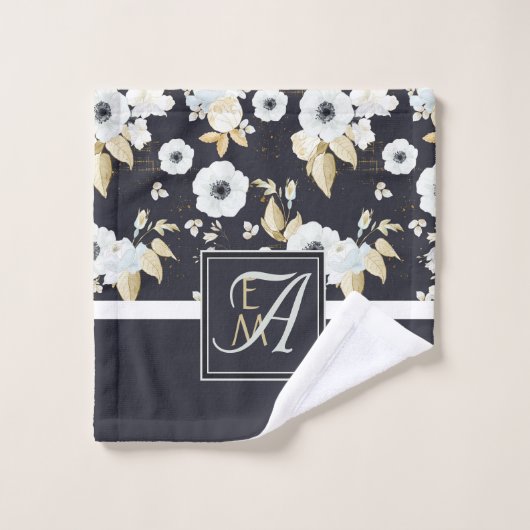 Mit Monogramm blaues Blumendekor Anemone Badhandtuch Set (Waschlappen)