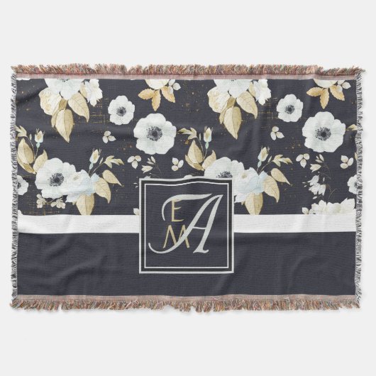 Mit Monogramm blaues Blumendekor Anemone Decke (Vorderseite)