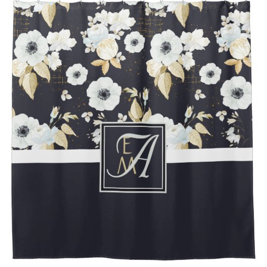Mit Monogramm blaues Blumendekor Anemone Duschvorhang (Vorderseite)