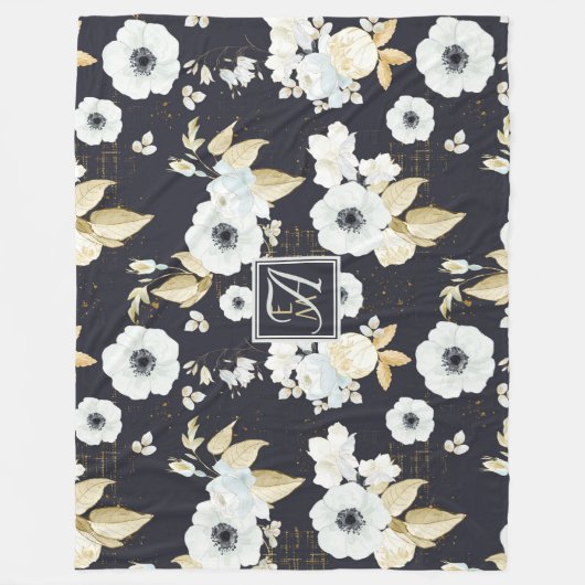 Mit Monogramm blaues Blumendekor Anemone Fleecedecke (Vorderseite)