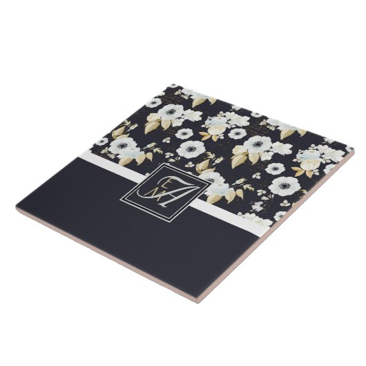 Mit Monogramm blaues Blumendekor Anemone Fliese (Seite)