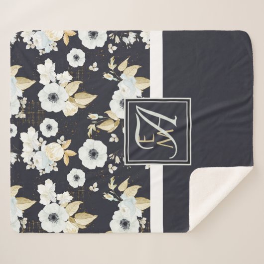 Mit Monogramm blaues Blumendekor Anemone Sherpadecke (Vorderseite (Horizontal))