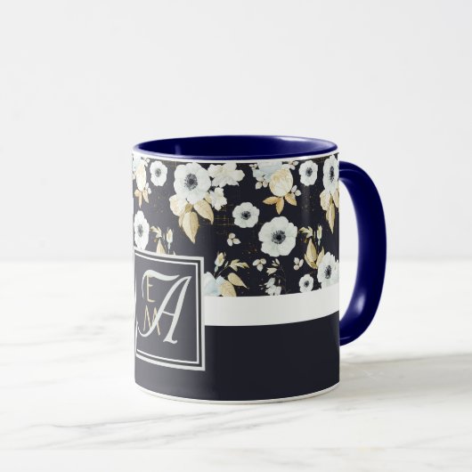 Mit Monogramm blaues Blumendekor Anemone Tasse (VorderseiteRechts)