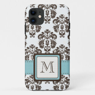 Mit Monogramm blaues Brown-Damast iPhone 11 Hülle