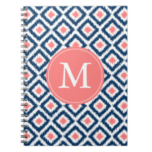 Mit Monogramm blaues korallenrotes Diamanten Ikat Notizblock