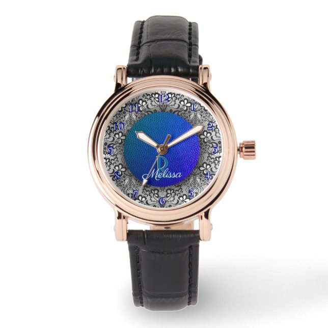 Mit Monogramm blaues Leder und schwarze Spitzen Armbanduhr (Vorderseite)