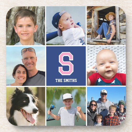 Mit Monogramm blaues Rosa der Fotolage-Familie Getränkeuntersetzer (Vorderseite)