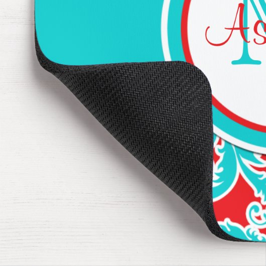 Mit Monogramm blaues Rot-weißer Damast Mousepad (Ecke)