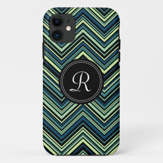 Mit Monogramm blaues Tribal-Zickzack Muster Case-Mate iPhone Hülle (Rückseite)