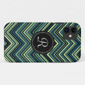Mit Monogramm blaues Tribal-Zickzack Muster Case-Mate iPhone Hülle (Rückseite (Horizontal))