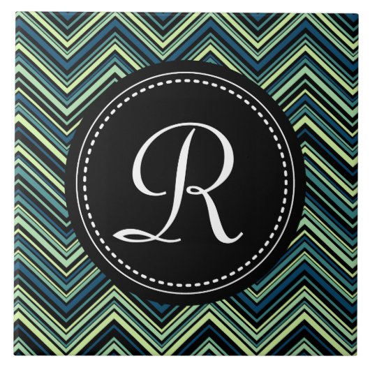 Mit Monogramm blaues Tribal-Zickzack Muster Fliese (Vorderseite)