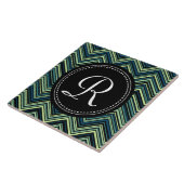 Mit Monogramm blaues Tribal-Zickzack Muster Fliese (Seite)