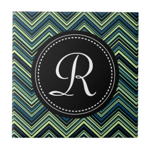 Mit Monogramm blaues Tribal-Zickzack Muster Fliese