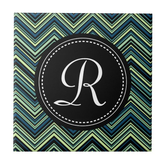 Mit Monogramm blaues Tribal-Zickzack Muster Fliese (Vorderseite)
