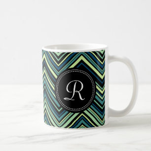Mit Monogramm blaues Tribal-Zickzack Muster Kaffeetasse