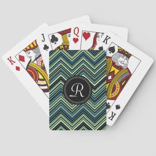 Mit Monogramm blaues Tribal-Zickzack Muster Spielkarten (Rückseite)