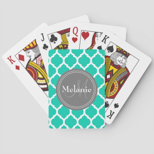 Mit Monogramm blaues u. graues Quatrefoil Spielkarten (Rückseite)
