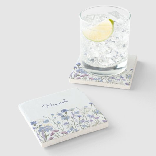 Mit Monogramm blaues Wasser Wildblume Meadow Steinuntersetzer (Seitenansicht)