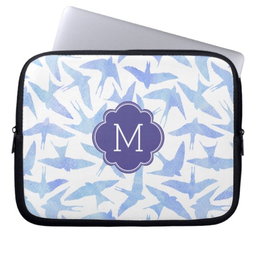 Mit Monogramm Blaues Wasserfarbenmuster Laptopschutzhülle (Vorderseite)