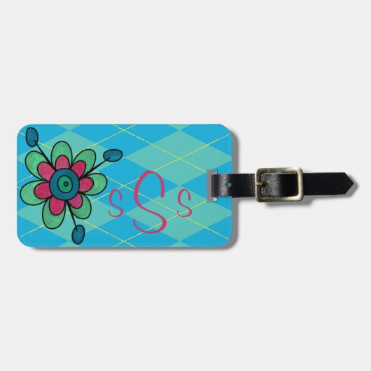Mit Monogramm Blue & Aqua Raute & Blume Gepäckanhänger (Vorderseite horizontal)