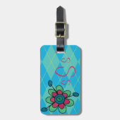 Mit Monogramm Blue & Aqua Raute & Blume Gepäckanhänger (Vorderseite vertikal)