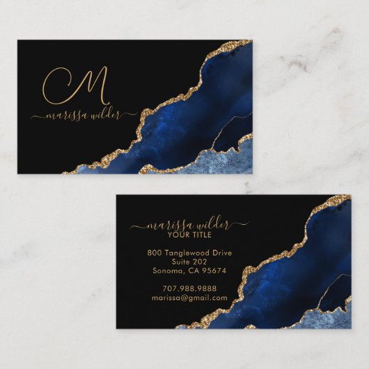 Mit Monogramm Blue Black Gold Glitzer Agate Geode Visitenkarte (Vorne/Hinten)