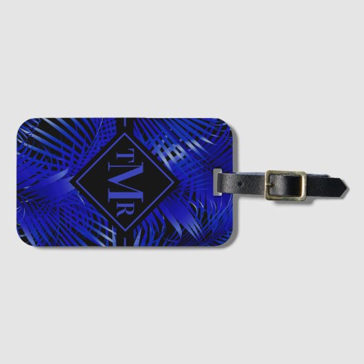 Mit Monogramm Blue Black Palm Gepäckanhänger (Vorderseite (Horizontal))