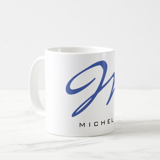 Mit Monogramm Blue Calligraphy Ihr Name Kaffeetasse (Vorderseite Links)