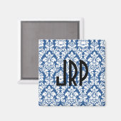 Mit Monogramm Blue Damask Magnet (Vorderseite/Rückseite)