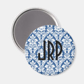 Mit Monogramm Blue Damask Magnet (Vorderseite/Rückseite)