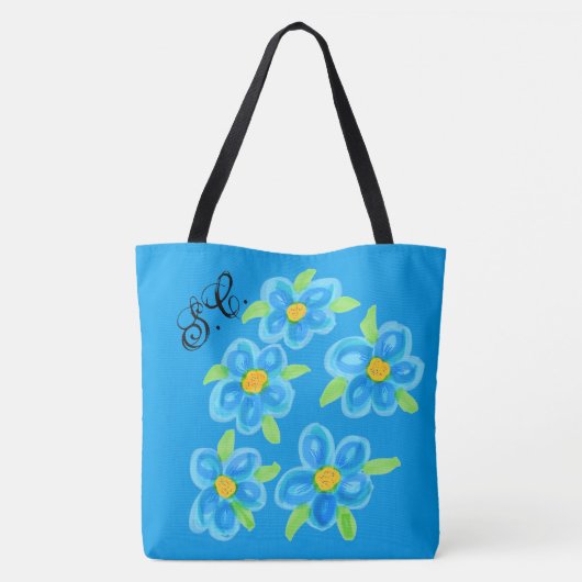 Mit Monogramm Blue Floral Tasche Tasche (Rückseite)